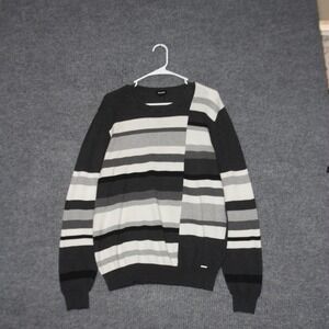 Diesel Striped Crewneck Sweater Mens XL Gray White Made in Italy Ribbed Trim